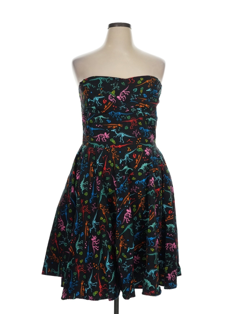 Strapless Black Skater Dress with Multicolor Neon Print